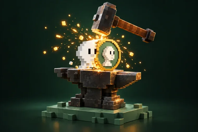 A voxel anvil and hammer forging the white re:gen into a $REBUCKS coin