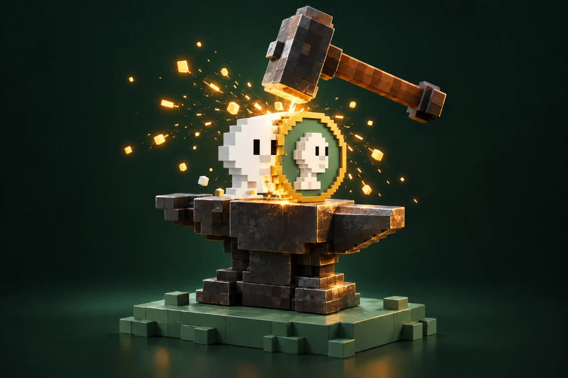 A voxel anvil and hammer forging the white re:gen into a $REBUCKS coin