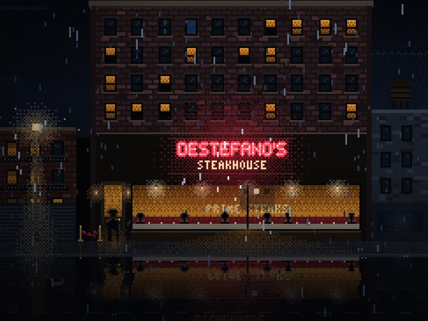 DeStefano's steakhouse on a rainy night in Brooklyn