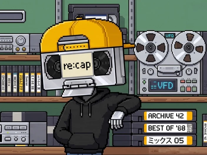 The Re:Cap bot, a tape-deck head in a yellow cap, leaning on a shelf of recorded tapes